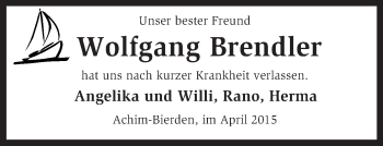 Traueranzeige von Wolfgang Brendler von KRZ