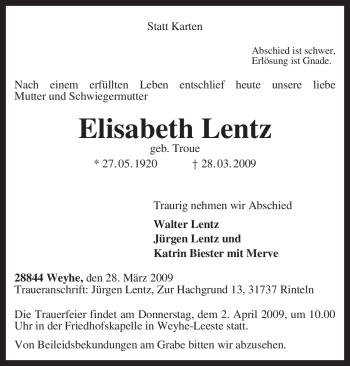 Traueranzeige von Elisabeth Lentz von KREISZEITUNG SYKE