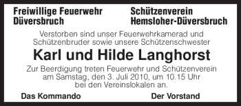 Traueranzeige von Hilde Langhorst von KREISZEITUNG SYKE