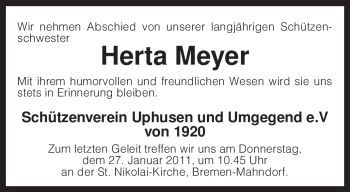 Traueranzeige von Herta Meyer von KREISZEITUNG SYKE