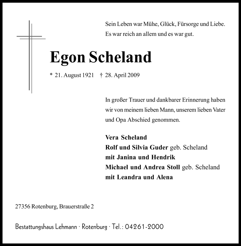  Traueranzeige für Egon Scheland vom 04.05.2009 aus KREISZEITUNG SYKE