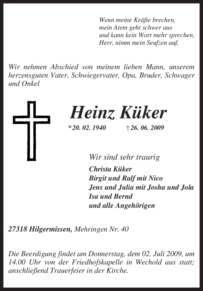  Traueranzeige für Heinz Küker vom 29.06.2009 aus KREISZEITUNG SYKE