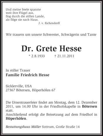 Traueranzeige von Grete Hesse von KREISZEITUNG SYKE