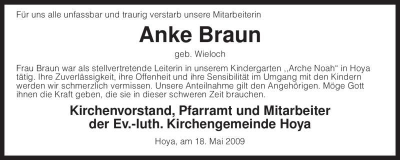  Traueranzeige für Anke Braun vom 19.05.2009 aus KREISZEITUNG SYKE