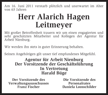 Traueranzeige von Alarich Hagen Leitmeyer von KREISZEITUNG SYKE