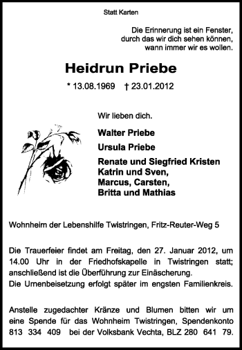 Traueranzeige von Heidrun Priebe von KREISZEITUNG SYKE