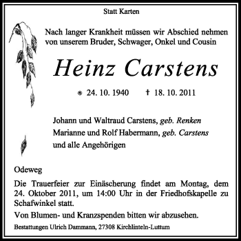 Traueranzeige von Heinz Carstens von KREISZEITUNG SYKE