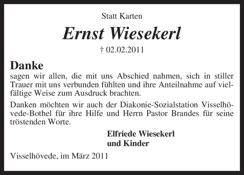  Traueranzeige für Ernst Wiesekerl vom 10.03.2011 aus KREISZEITUNG SYKE