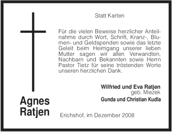 Traueranzeige von Agnes Ratjen von KREISZEITUNG SYKE