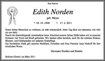 Traueranzeige von Edith Norden von KREISZEITUNG SYKE