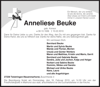 Traueranzeige von Anneliese Beuke von KREISZEITUNG SYKE