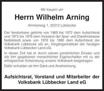 Traueranzeige von Wilhelm Arning von KREISZEITUNG SYKE