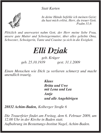 Traueranzeige von Elli Dziak von KREISZEITUNG SYKE