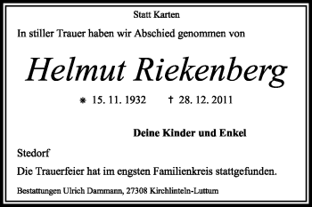 Traueranzeige von Helmut Riekenberg von KREISZEITUNG SYKE