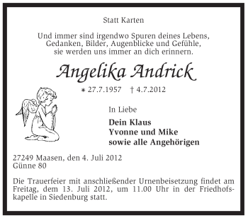 Traueranzeige von Angelika Andrick von KREISZEITUNG SYKE