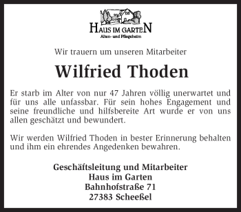 Traueranzeige von Wilfried Thoden von KREISZEITUNG SYKE