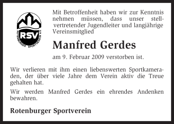 Traueranzeige von Manfred Gerdes von KREISZEITUNG SYKE