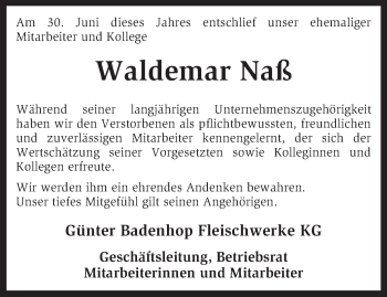 Traueranzeige von Waldemar Naß von KRZ