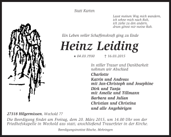 Traueranzeige von Heinz Leiding von KRZ