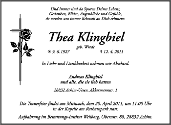 Traueranzeige von Thea Klingbiel von KREISZEITUNG SYKE