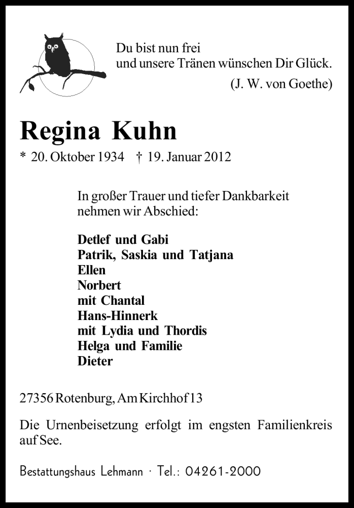  Traueranzeige für Regina Kuhn vom 21.01.2012 aus KREISZEITUNG SYKE