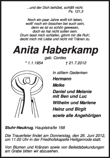 Traueranzeige von Anita Haberkamp von KREISZEITUNG SYKE