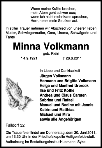 Traueranzeige von Minna Volkmann von KREISZEITUNG SYKE