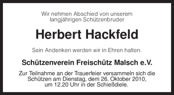 Traueranzeige von Herbert Hackfeld von KREISZEITUNG SYKE