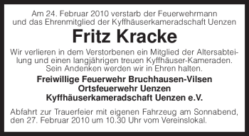 Traueranzeige von Fritz Kracke von KREISZEITUNG SYKE