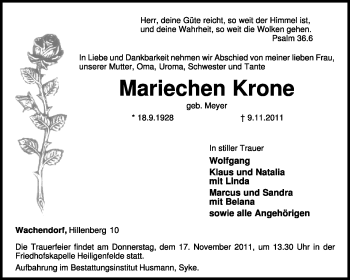 Traueranzeige von Mariechen Krone von KREISZEITUNG SYKE