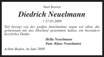 Traueranzeige von Diedrich Neuelmann von KREISZEITUNG SYKE