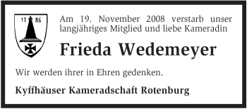 Traueranzeige von Frieda Wedemeyer von KREISZEITUNG SYKE