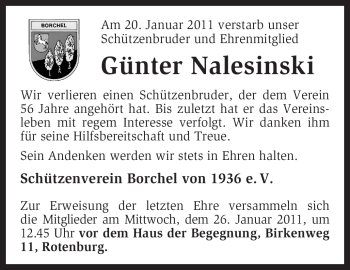 Traueranzeige von Günter Nalesinski von KREISZEITUNG SYKE