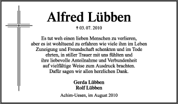 Traueranzeige von Alfred Lübben von KREISZEITUNG SYKE