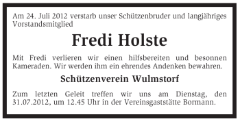 Traueranzeige von Fredi Holste von KREISZEITUNG SYKE