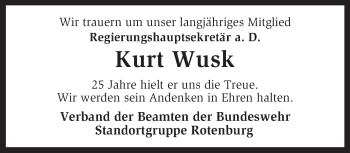 Traueranzeige von Kurt Wusk von KRZ