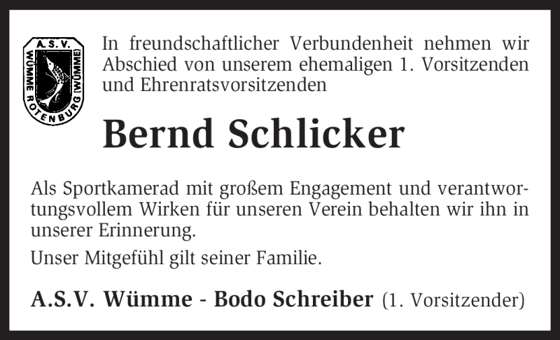  Traueranzeige für Bernd Schlicker vom 06.11.2010 aus KREISZEITUNG SYKE