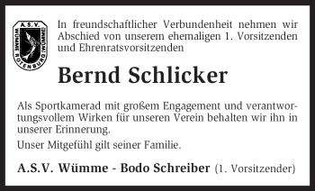 Traueranzeige von Bernd Schlicker von KREISZEITUNG SYKE