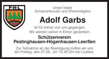 Traueranzeige von Adolf Garbs von KREISZEITUNG SYKE