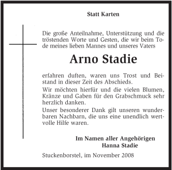 Traueranzeige von Arno Stadie von KREISZEITUNG SYKE