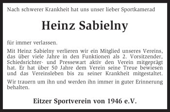 Traueranzeige von Heinz Sabielny von KREISZEITUNG SYKE