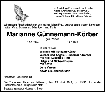 Traueranzeige von Marianne Günnemann-Körber von KREISZEITUNG SYKE