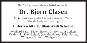 Traueranzeige von Björn Clasen von KRZ