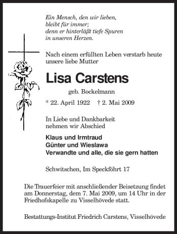 Traueranzeige von Lisa Carstens von KREISZEITUNG SYKE