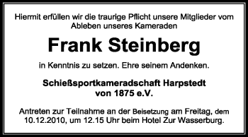 Traueranzeige von Frank Steinberg von KREISZEITUNG SYKE