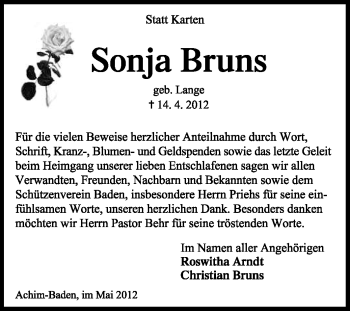 Traueranzeige von Sonja Bruns von KREISZEITUNG SYKE