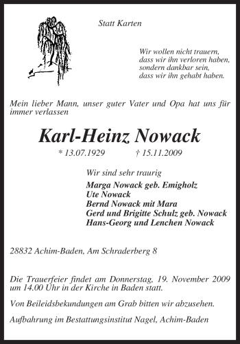 Traueranzeige von Karl-Heinz Nowack von KREISZEITUNG SYKE