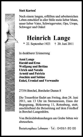 Traueranzeige von Heinrich Lange von KREISZEITUNG SYKE