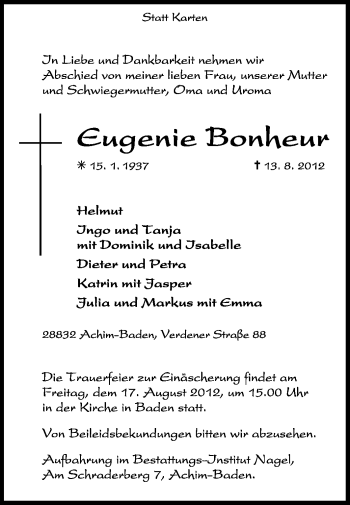 Traueranzeige von Eugenie Bonheur von KREISZEITUNG SYKE