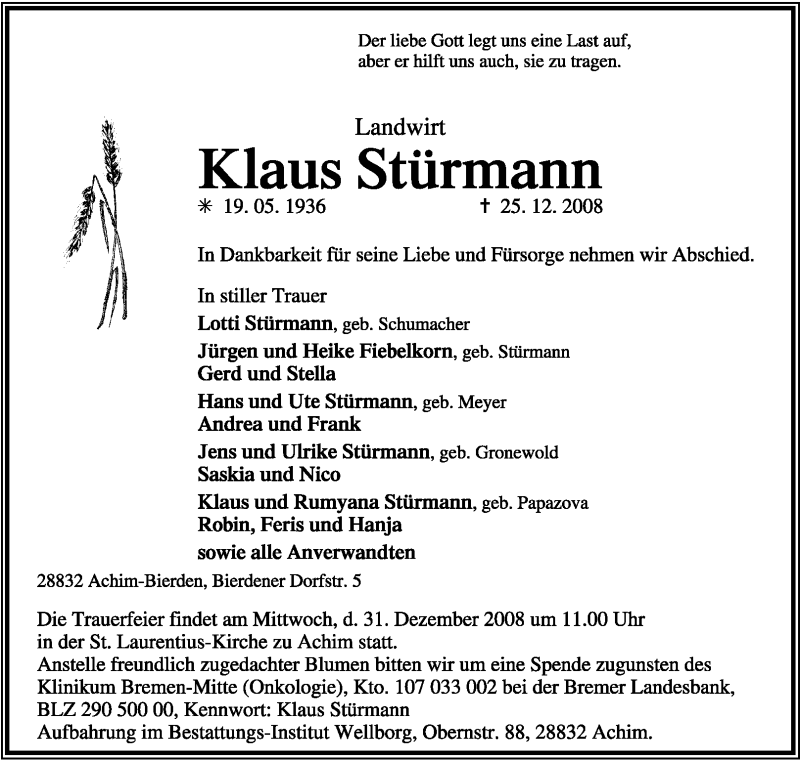  Traueranzeige für Klaus Stürmann vom 27.12.2008 aus KREISZEITUNG SYKE